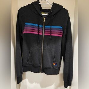 Aviator Nation Black Charcoal 5 Stripe Pink Purple Zip Up Hoodie - Small